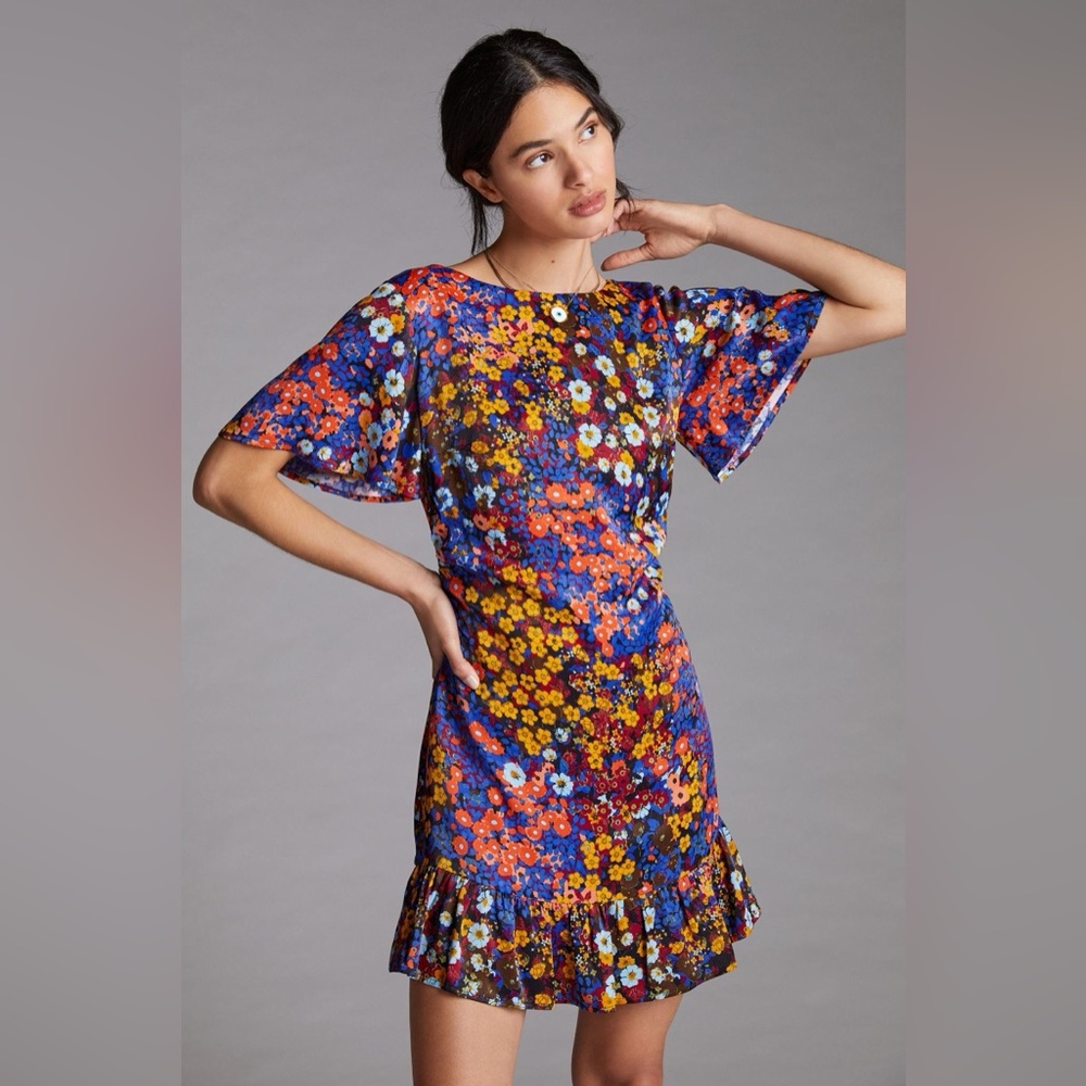 - 🎀ANTHROPOLOGIE Ruffled Satin Mini Dress in black motif floral 2 euc